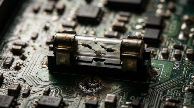 Blown glass fuse on a damaged circuit board.