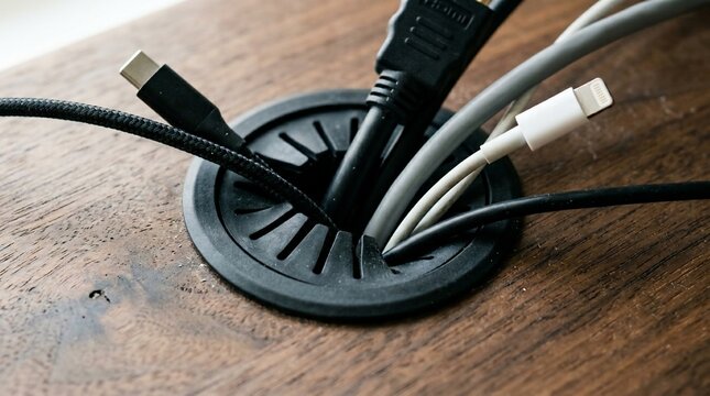 Cable management grommet with various electronic cords on a wooden desk.
