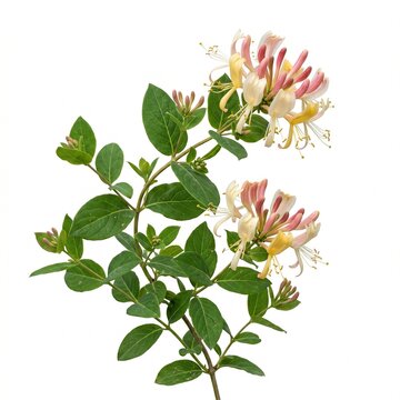 honeysuckle with flowers and leaves isolated on white background