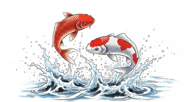 Two Koi Fish Jumping Out of Water.