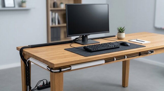 Clean Office Desk Setup with Cable Management System.