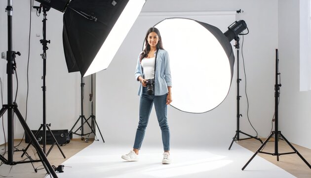 Professional female photographer with camera posing in a studio with lighting equipment and softbox