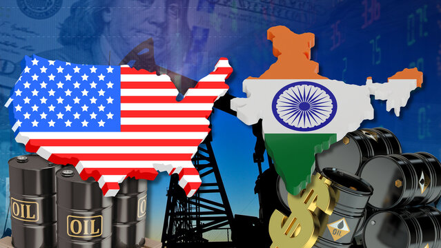 The petrodollar system, energy market trends, and crude oil prices are illustrated as the US-India relationship becomes more complex. This is shown using industrial oil barrels, dollar symbols