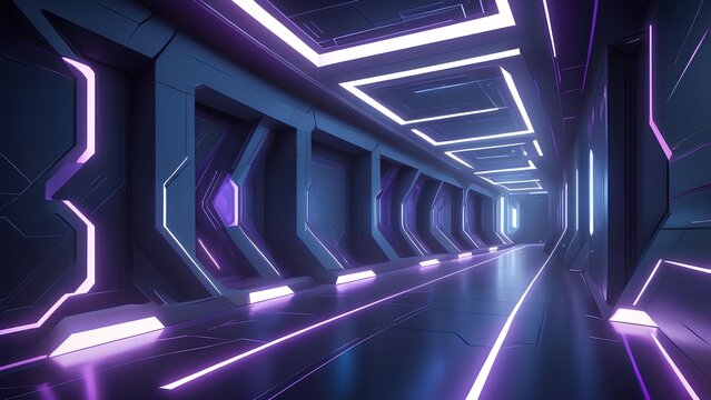 Immersive futuristic corridor bathed in vibrant purple and blue neon lights, showcasing sleek geometric patterns and a captivating digital pathway into an unknown future