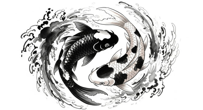 Two Koi Fish Swimming in a Yin Yang Symbol.