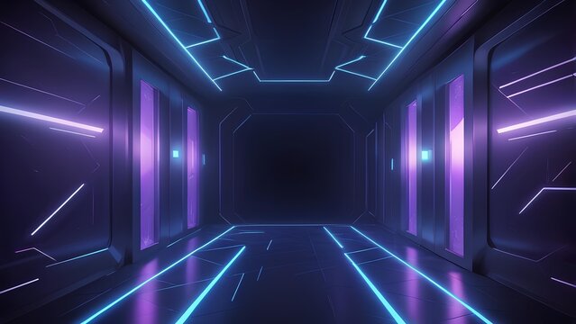 Vibrant neon lights illuminate a sleek, futuristic tunnel, creating an abstract pathway with glowing geometric patterns and a sense of depth and advanced technology