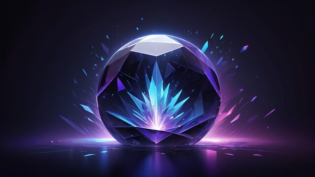 A luminous, multifaceted crystal orb radiates vibrant blue and purple light, casting an ethereal glow on a dark, mystical background, evoking a sense of wonder and magic
