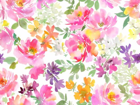 Abstract hand-painted watercolor pink rose and colorful wildflower seamless pattern for fabric, home decor, and surface design.