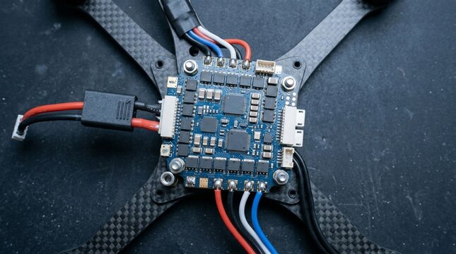 Electronic speed controller mounted on a carbon fiber drone frame.