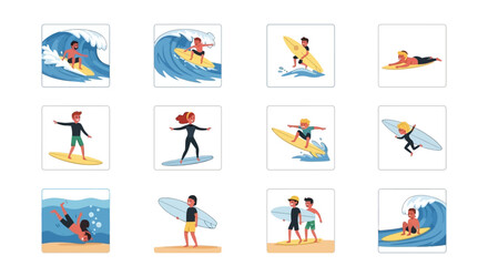 Fototapeta premium Collection of diverse people enjoying surfing and beach activities.