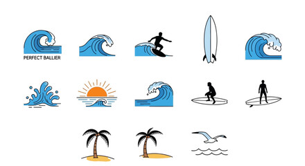 Obraz premium Set of icons for surfing, waves, and beach lifestyle