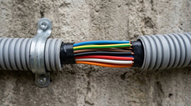Exposed multi colored electrical wires inside protective conduit on concrete wall.