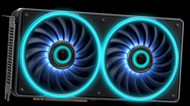 High performance AI GPU graphics card with glowing cooling fans computer hardware gaming technology