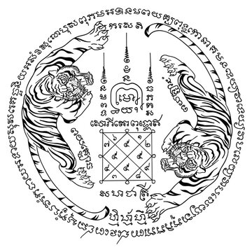 Thai traditional tattoo, two tigers (Sueu Khu) or twin tigers. Thai text translation: protection, strength and power
