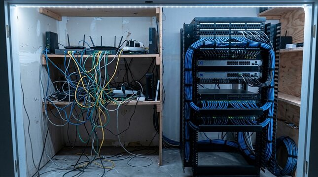 Home server rack and network closet with organized equipment.