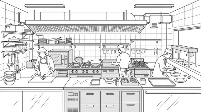 Professional restaurant kitchen line with chefs working on food preparation.