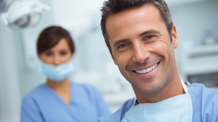 Obraz premium Dentist dental smile patient clinic healthcare professional uniform friendly dentist dental smile patient clinic healthcare professional uniform