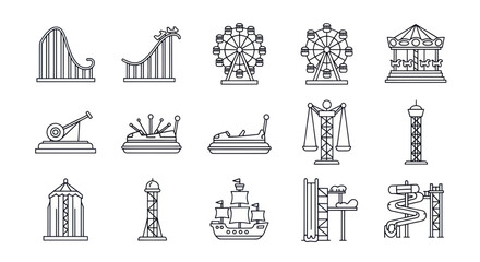 Fototapeta premium Amusement Park Icons: Roller Coaster, Ferris Wheel, Carousel, Bumper Cars, Water Slides