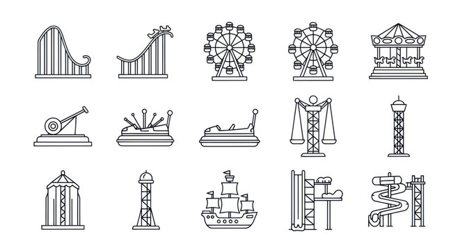 Amusement Park Icons: Roller Coaster, Ferris Wheel, Carousel, Bumper Cars, Water Slides