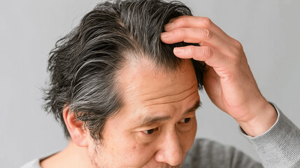 Fototapeta premium Middle aged asian man thinning hair receding hairline gray hair hair loss haircare scalp concern aging closeup middle aged asian man touching