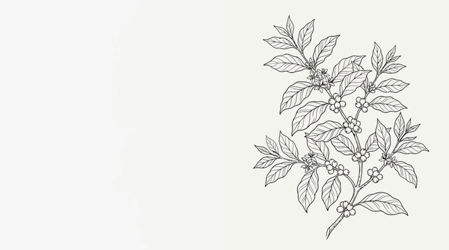 Detailed hand drawn sketch of a coffee plant branch with leaves and berries.