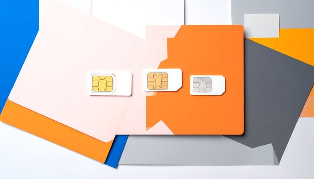 Three SIM cards of different sizes arranged on colorful geometric paper shapes
