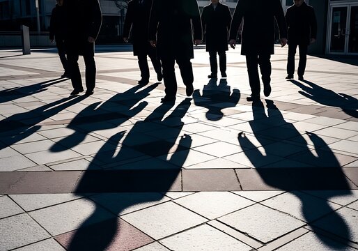 Shadows of a group of people walking on a tiled ground, suggesting unity or a shared journey