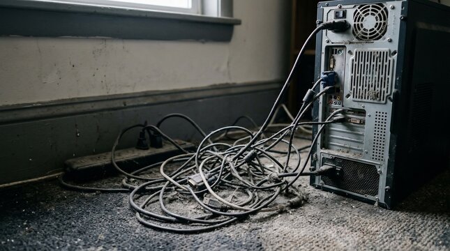 Messy tangle of computer cables connected to a desktop tower PC.
