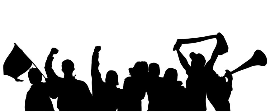 Crowd of sports fans cheering with flags and horn in black silhouette