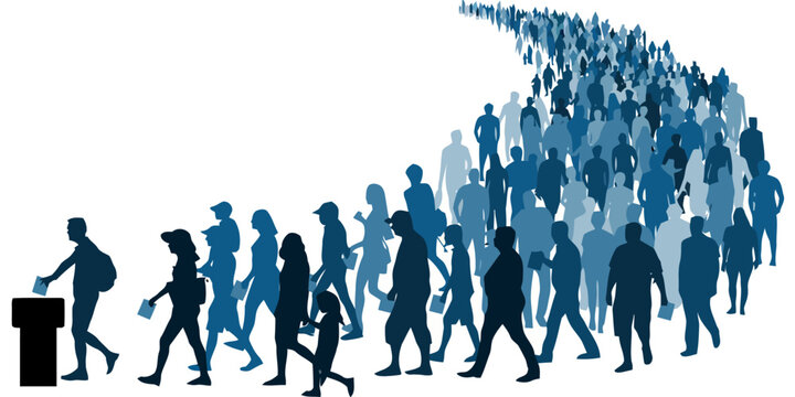 Crowd of People Walking and Casting Votes at Ballot Box, Election Concept