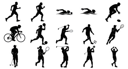 Fototapeta premium Sports Silhouettes: Diverse Athletes in Action - Running, Swimming, Cycling, Golf, Tennis, Soccer