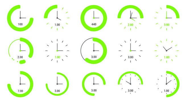 Green Clock Icons Set - Time Management, Countdown, Deadline, Planning, Schedule