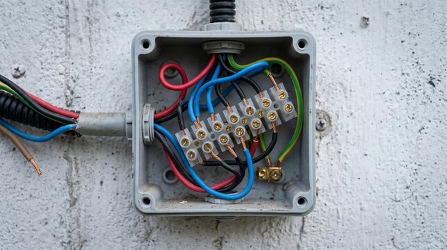 Open electrical junction box mounted on a concrete wall.