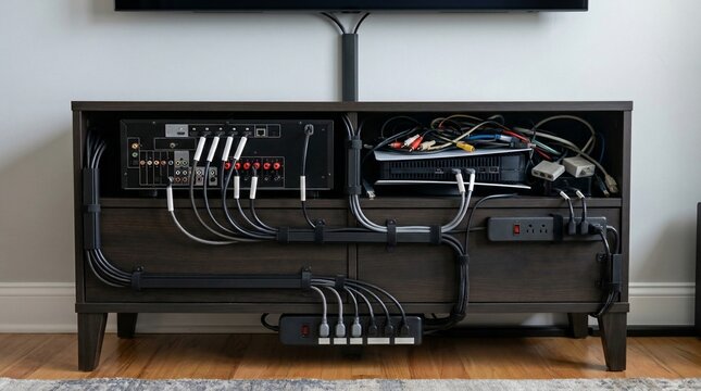 Organized media console with neat cable management behind home theater electronics.