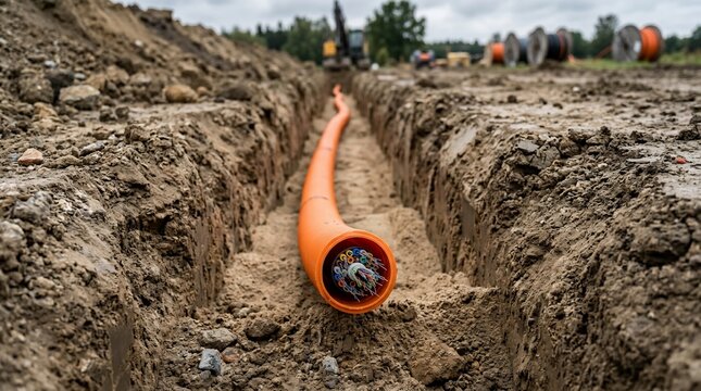 Orange protective conduit pipe installed in an open trench for underground utility work.
