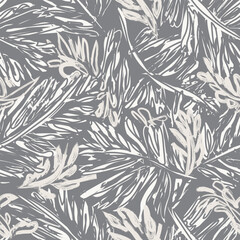 Fototapeta premium Palm Tree Leaf Botanical Brushstroke Surface Pattern Design In Gray And White For Fashion And Home Textiles