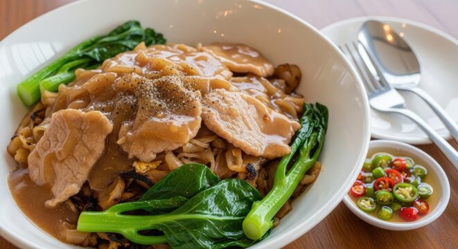 A bowl of noodles with meat and vegetables in a white bowl on a wooden table.