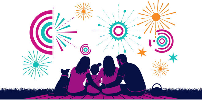 Family and Dog Watching Colorful Fireworks Display.
