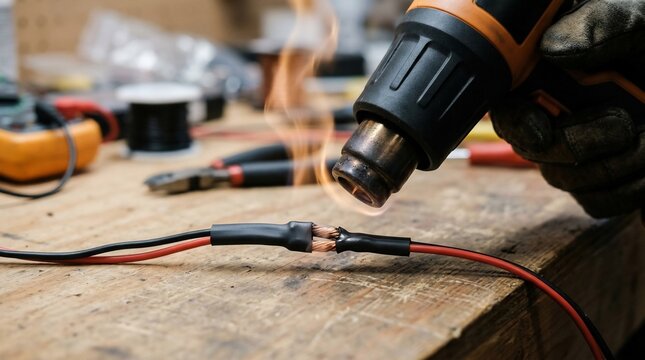 Using a heat gun to shrink wrap electrical wire connections.