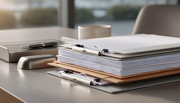 A stack of office documents and binders on a desk with a pen and cup.