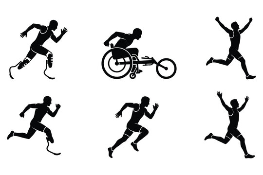 adaptive disabled and able bodied athlete runner sprinter wheelchair racer silhouette vector isolated on white