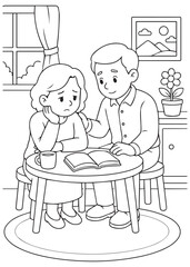 Fototapeta premium Coloring book couple sits at a round table and reads a book together in a calm room that feels thoughtful and welcoming