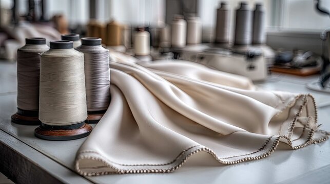 Elegant Silk Fabric Draped on Table Surrounded by Spools of Thread in a Bright Studio Environment