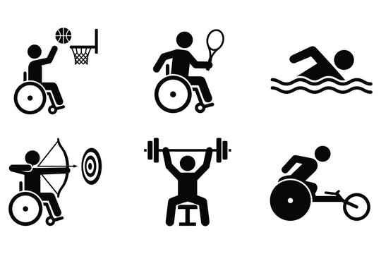 Paralympic adaptive sports athletes black silhouette icon set isolated on white background wheelchair basketball tennis archery racing