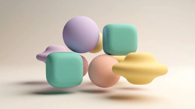 Abstract 3D geometric shapes background featuring pastel colored spheres cubes and cylinders in a soft minimalist composition for modern design and creative presentation