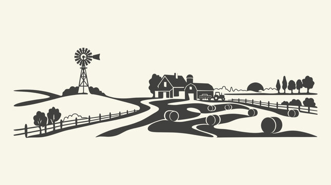 Black and white engraving illustration of a scenic farm landscape with a windmill and hay bales.