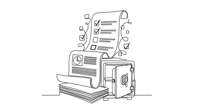 Continuous line drawing of a secure safe with financial documents and checklist.