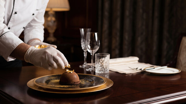 Chocolate dessert chef gold leaf plating luxury dining elegant table setting dessert preparation fine dining gourmet culinary