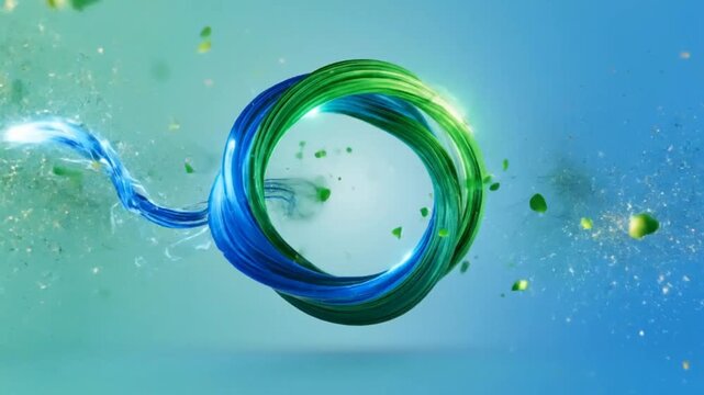 Abstract beautiful swirling liquid waves of green and blue lines forming a dynamic circular ring logo placeholder with floating particle effects on clean bright background