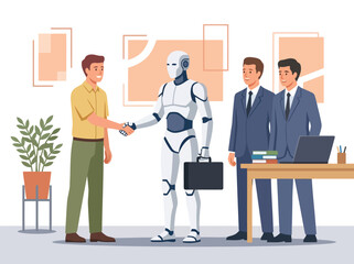 Fototapeta premium Professional Humanoid Robot Shaking Hands with Businessman in Modern Office for Artificial Intelligence Collaboration Concept
